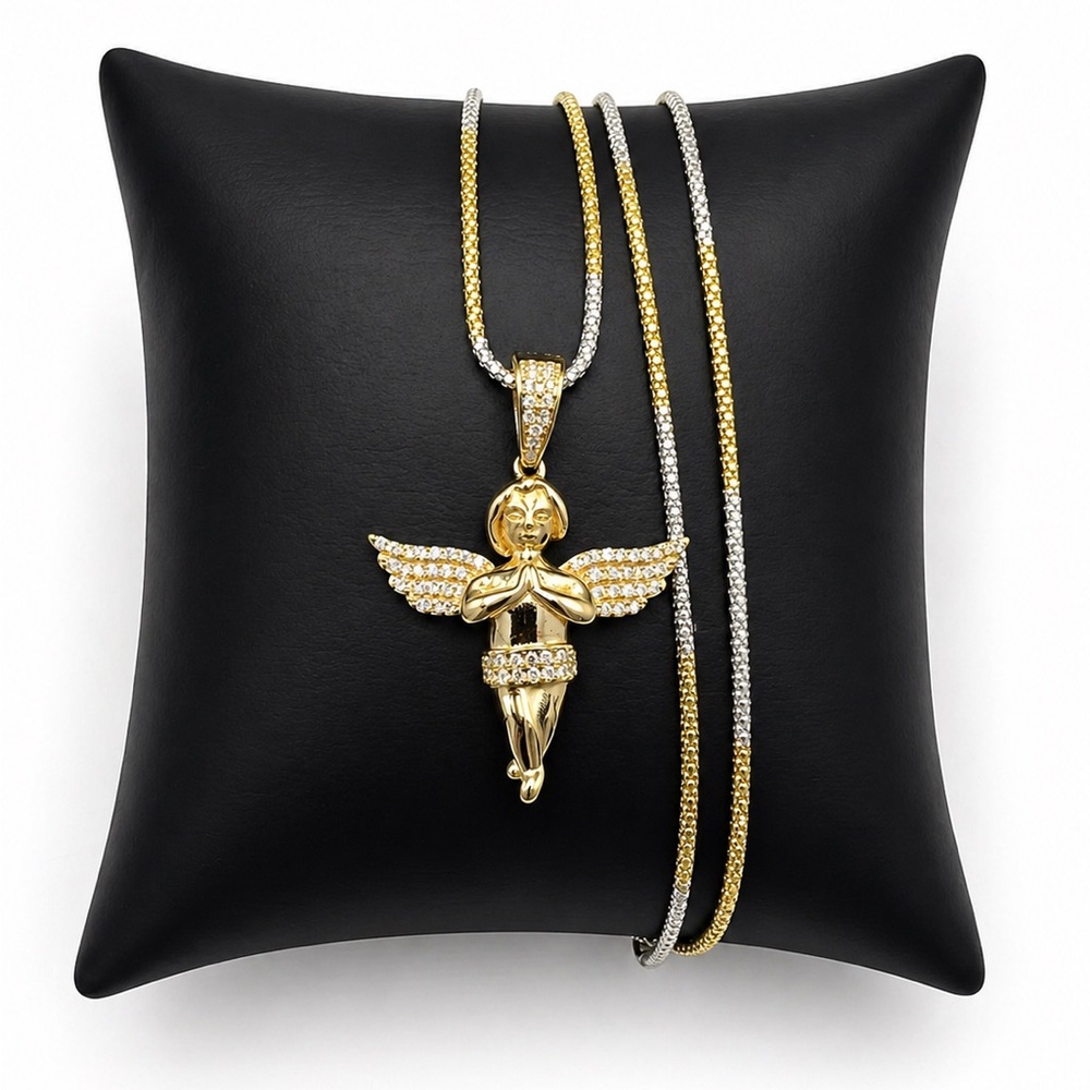 Gold Over 925 Sterling Silver Cherub Angel Pendant Necklace 0.75CT MOISSANITE 16